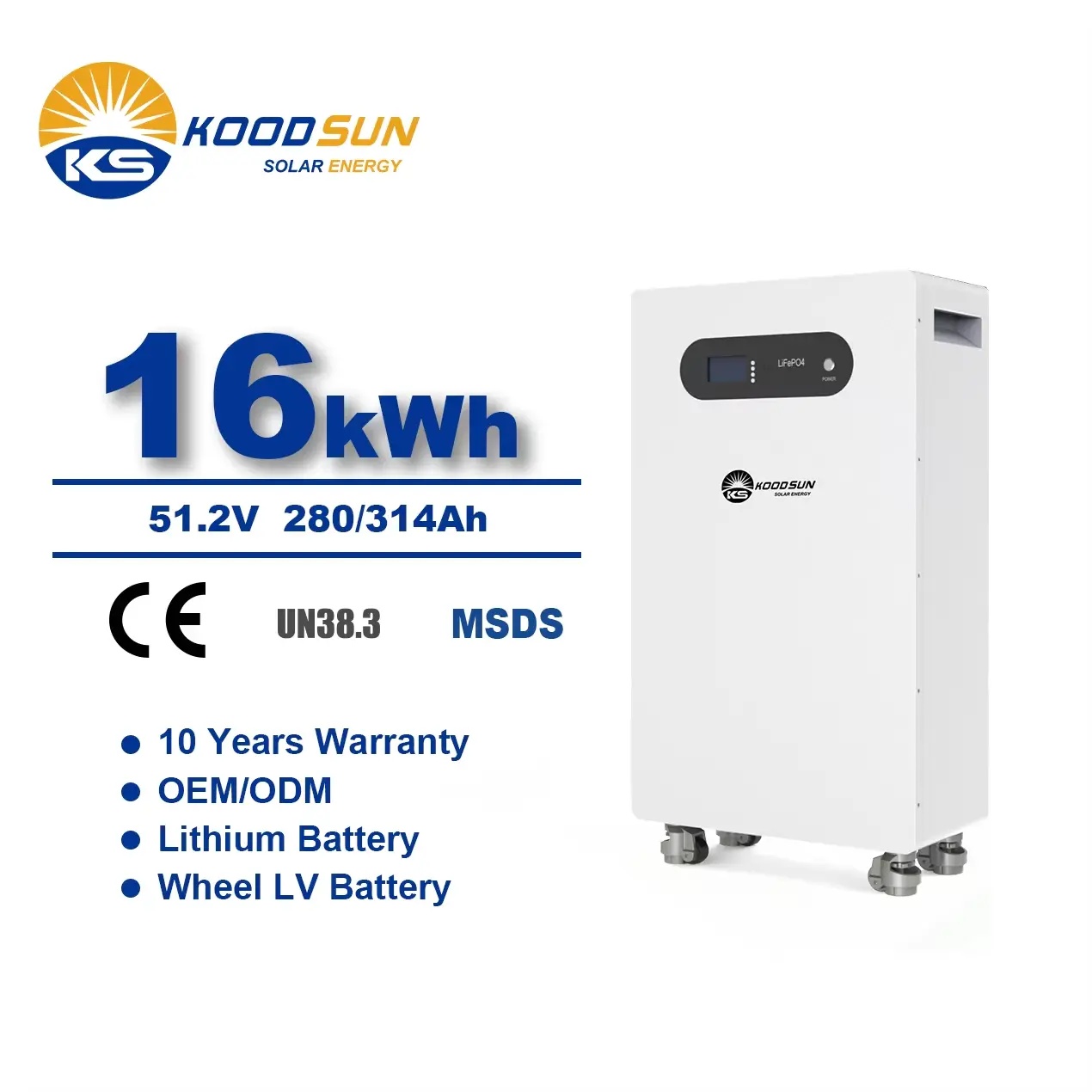51.2V 314Ah 16kWh Low Voltage LiFePO4 Battery | Massive Capacity for Home Solar Storage & Off-Grid Applications-Koodsun