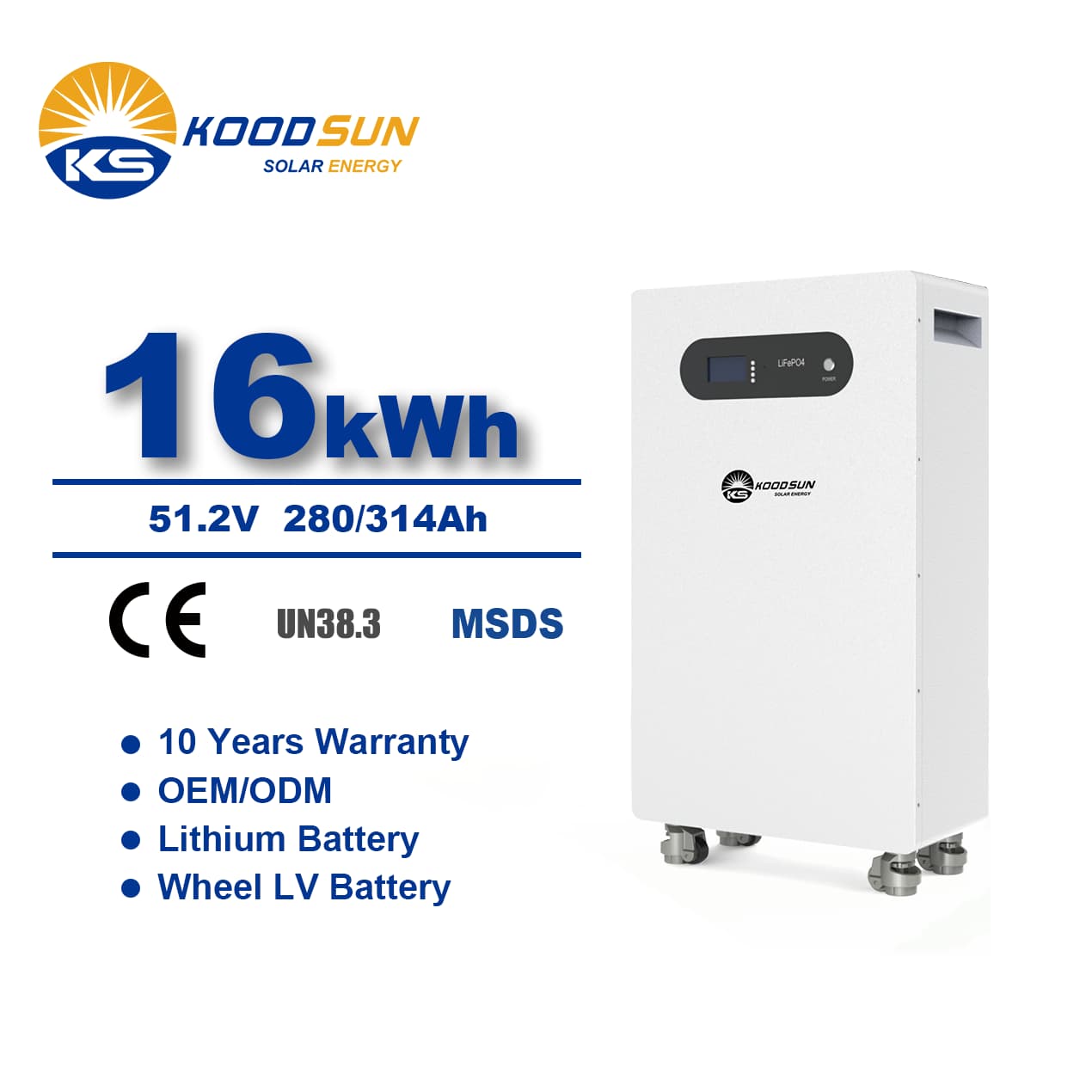 Koodsun 16kwh  Solar System with 51.2V 314Ah Low Voltage Lithium Battery Pack 280Ah Energy Storage Battery LiFePO4-Koodsun