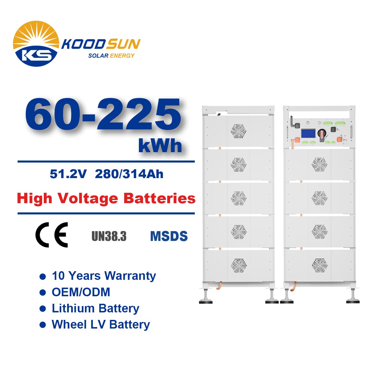 Rack Mounted High Voltage Solar Storage Battery 51.2V Lifepo4 Battery 280Ah 314Ah for Solar System-Koodsun
